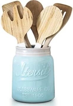 Wide Mouth Mason Jar Utensil Holder Decorative Kitchenware Organizer Crock, Chip Resistant Ceramic, Dishwasher Safe - Kitchen Caddy Aqua Blue For Countertop, Large Size 7" High -Generic Furniture Shop 310TPs1eWL. AC