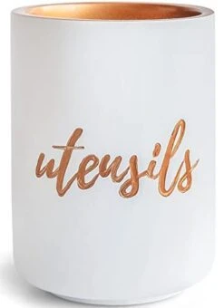 White Ceramic Utensil Holder With Interior Copper Finish - Stylish, Sturdy And Large Spatula Holder For Rose Gold Kitchen Accessories & Copper Kitchen Accessories - Utensil Holder For Kitchen Counter