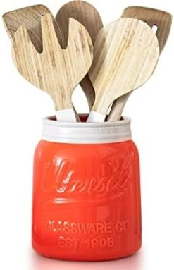 Wide Mouth Mason Jar Utensil Holder Decorative Kitchenware Organizer Crock, Chip Resistant Ceramic, Dishwasher Safe - Kitchen Caddy Aqua Blue For Countertop, Large Size 7" High -Generic Furniture Shop 31FWscjSQ7L. AC