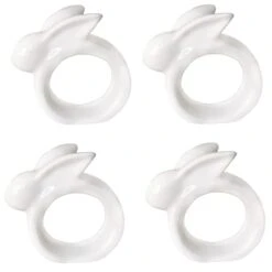 Porcelain Rabbit Napkin Rings - Easter Bunny Napkin Ring Holder For Dinning Room Table Decor, Set Of 4 Vintage White Bunny Napkin Holder For Dinner Baby Shower Birthday Party