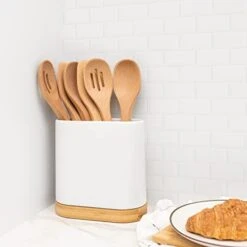 Arge Kitchen Utensil Holder For Countertop With Bamboo Wooden Base | Minimalistic Cooking Utensils | Farmhouse White Ceramic Tool Crock | Cylindrical Oval Shape | Counter Organizer For Spatula -Generic Furniture Shop 31GdgntbpcL