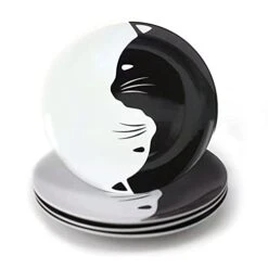 Black And White Cat Porcelain Plate Set, Best Gift For Cat Lover (8-inch Salad Plate Set)