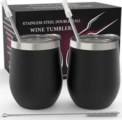 Stainless Steel Wine Tumblers 2 Pack 12 Oz - Double Wall Vacuum Insulated Wine Cups With Lids And Straws Set For Coffee, Wine, Cocktails (Rose Gold) -Generic Furniture Shop 410EH641eL. AC