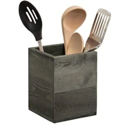 MyGift Vintage Gray Solid Wood Kitchen Countertop Utensil Holder, Cooking Utensil Crock And Flatware Storage Caddy
