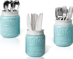Wide Mouth Mason Jar Utensil Holder Decorative Kitchenware Organizer Crock, Chip Resistant Ceramic, Dishwasher Safe - Kitchen Caddy Aqua Blue For Countertop, Large Size 7" High -Generic Furniture Shop 418aEE5CuQL. AC