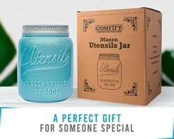 Wide Mouth Mason Jar Utensil Holder Decorative Kitchenware Organizer Crock, Chip Resistant Ceramic, Dishwasher Safe - Kitchen Caddy Aqua Blue For Countertop, Large Size 7" High -Generic Furniture Shop 41AmczR648L