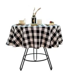 Uffalo Plaid Round Tablecloth Checkered Cotton Linen Table Cover For Kitchen Dining Room Home Decor ( Round - 48 Inch, White & Black )
