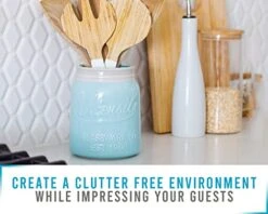 Wide Mouth Mason Jar Utensil Holder Decorative Kitchenware Organizer Crock, Chip Resistant Ceramic, Dishwasher Safe - Kitchen Caddy Aqua Blue For Countertop, Large Size 7" High -Generic Furniture Shop 41DXN2m0EfL