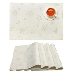 White Placemats Set Of 4, Gold Snowflake Placemats For Dining Room Kitchen Party Winter Holiday, Heavy Weight Soft Farmhouse Place Mats (13 X 19 Inch)