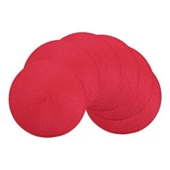GENERIC Round Placemats Set Of 6 - Woven Red Place Mats Indoor For Dining Table - Washable Heat Resistant Farmhouse Table Mat - Plastic Vinyl Placemat - Table Mats Decorations For Dining Room