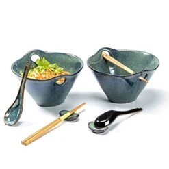 Ramen Bowls With Chopsticks And Spoons Set, 26 OZ Ceramic Japanese Noodle Bowls Set Of 2, Porcelain Deep Udon Bowl For Salad, Pasta, Reactive Glaze, Microwave & Dishwasher Safe (Green)