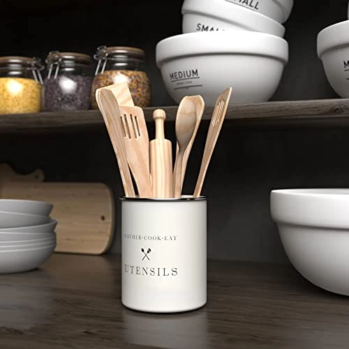 White Utensil Holder For Kitchen Countertop, Farmhouse Metal Utensil Crock, Rustic Country Decorative Kitchen Utensil Caddy Large, 5.5x6.75 2 White Utensil Holder For Kitchen Countertop, Farmhouse Metal Utensil Crock, Rustic Country Decorative Kitchen Utensil Caddy Large, 5.5x6.75 - Image 2