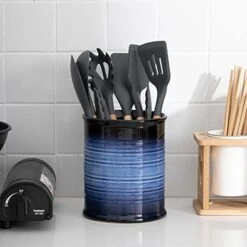 Nihow Kitchen Utensil Holder: 7.2 Inch Extra Large Ceramic Utensil Holder For Countertop - Stable Utensil Crock For Kitchen Counter Decor - Elegant Blue & Black (1PC) -Generic Furniture Shop 41LdwsfCG1L