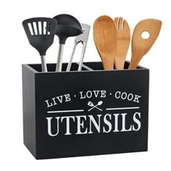 Kitchen Utensil Holder With Removable Bottom Large 2 Compartments Utensil Organizer Farmhouse Utensil Caddy For Countertop Decor, 9 X 7 X 5 Inch, Black