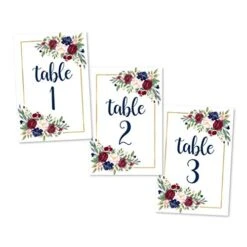 1-25 Burgundy Floral Table Number Double Sided Signs For Wedding Reception, Restaurant Birthday Party Set Calligraphy Printed Numbered Card Centerpiece Decoration Setting Reusable Frame Stand 4x6 Size