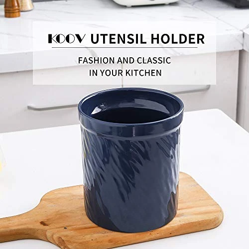 Kitchen Utensil Holder, Large Ceramic Utensil Crock, Deep And Stable, Utensils Caddy Texture Series (Dark Blue) 2 Kitchen Utensil Holder, Large Ceramic Utensil Crock, Deep And Stable, Utensils Caddy Texture Series (Dark Blue) - Image 2