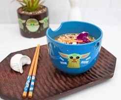 STAR WARS Tar Wars: The Mandalorian Grogu "Nom Nom" Japanese Ceramic Dinnerware Set | Includes 20-Ounce Ramen Noodle Bowl And Wooden Chopsticks | Asian Food Dish Set For Home & Kitchen | Cute Baby Yoda Gifts
