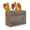 Rustic Kitchen Utensil Holder With 2 Compartments | Torched Wood Utensil Organizer | For Cutlery, Napkins, Cups & More | Large Vintage Countertop Caddy Box | Size: 7 X 9.5 X 4.7” Inch