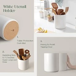 White Utensil Holder, Large Utensil Holder For Kitchen Counter (H7.2” X W6.2”), Ceramic Cooking Utensil Crock For Kitchen Decor, Anti-Scratches And Stable, Handmade DIY Gifts For Moms -Generic Furniture Shop 41Z1F57FLQL