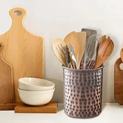 Kitchen Utensil Holder, Hand Hammered Caddy, Kitchen Organization For Utensils, Crock For Cooking Utensils, Antique Copper Finish, Large, 19677