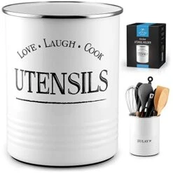 Large Utensil Crock Storage Organizer - Kitchen Utensil Holder For Countertop With Padded Base - Large Utensil Holder With Rustic Farmhouse Design For Home & Kitchen Decor (White)