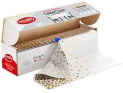 54 In X 100 Ft - Disposable Plastic Table Cloth Roll With Slide Cutter | Waterproof Cover For Rectangle, Square, Oval Tables | Picnic, Party, Banquet, Birthdays, Weddings - White Golden Dots