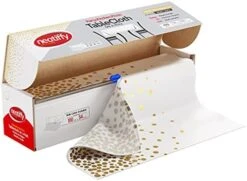 54 In X 100 Ft - Disposable Plastic Table Cloth Roll With Slide Cutter | Waterproof Cover For Rectangle, Square, Oval Tables | Picnic, Party, Banquet, Birthdays, Weddings - White Golden Dots -Generic Furniture Shop 41fCtIiINgL. AC