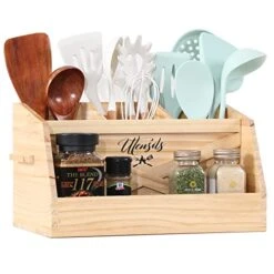 Kitchen Utensil Holder For Countertop With 4 Compartments, Wood Farmhouse Utensil Caddy With Handle, Kitchen Organizer For Cooking Tools (Utensil Not Included)