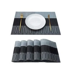 Lacemats Set Of 4 For PVC Dining Table Woven Vinyl Non-Slip Washable Cloth Heat Resistant Place Mats For Farmhouse Kitchen Decor Insulation Square Plate Mat (Black And Grey)