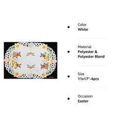 4PCS Embroidered Easter Bunny Egg Floral Placemats 11x17 Oval White, Set Of 4 Pieces
