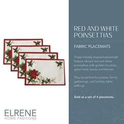 Red And White Poinsettia Holiday Fabric Placemats, Christmas Mats For Table Decor, 13 Inches X 19 Inches, Set Of 4