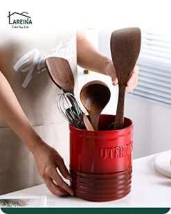 Kitchen Utensil Holder, Ceramic Utensil Crock Organizer For Countertop, H 7"x W6" Large Cooking Utensil Holder With Anti-slip Cork Bottom For Home Décor, Christmas Red -Generic Furniture Shop 41pg2SPwYbL