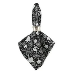 Halloween Party Tabletop Decor, Reusable & Machine Washable Cotton Fabric, Napkin Set, 20x20, Skulls Ghosts & Spider Webs, 6 Piece