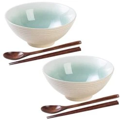 Ceramic Japanese Ramen Bowl Set, 2 Sets 8 Inch 40 Ounce Asian Pho Udon Noodle Bowls With Spoons And Chopsticks (Green)