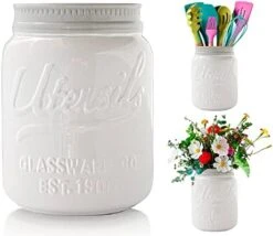 Wide Mouth Mason Jar Utensil Holder Decorative Kitchenware Organizer Crock, Chip Resistant Ceramic, Dishwasher Safe - Kitchen Caddy Aqua Blue For Countertop, Large Size 7" High -Generic Furniture Shop 41tYvQqo3L. AC