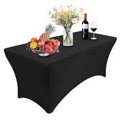 1 Pack 4FT Rectangular Spandex Table Cover Four-Way Tight Fitted Stretch Tablecloth Table Cloth For Outdoor Party DJ Tradeshow Banquet Vendor Wedding Celebration (1PC 4FT, Black)