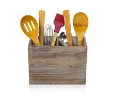 Rustic Kitchen Utensil Holder With 2 Compartments | Torched Wood Utensil Organizer | For Cutlery, Napkins, Cups & More | Large Vintage Countertop Caddy Box | Size: 7 X 9.5 X 4.7” Inch -Generic Furniture Shop 41yQijMGYgL