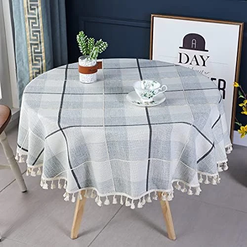 Round Grey Checkered Tablecloth Diameter 90 Inch Neutral Color Cotton Linen Table Cloth Heavy Weight Stitching Tassel Tablecloths For Dining Table Room Kitchen Picnic Outdoor 11 Round Grey Checkered Tablecloth Diameter 90 Inch Neutral Color Cotton Linen Table Cloth Heavy Weight Stitching Tassel Tablecloths For Dining Table Room Kitchen Picnic Outdoor - Image 11