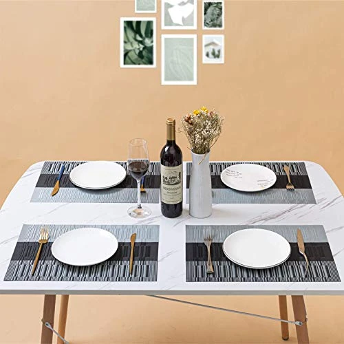 Lacemats Set Of 4 For PVC Dining Table Woven Vinyl Non-Slip Washable Cloth Heat Resistant Place Mats For Farmhouse Kitchen Decor Insulation Square Plate Mat (Black And Grey) 3 Lacemats Set Of 4 For PVC Dining Table Woven Vinyl Non-Slip Washable Cloth Heat Resistant Place Mats For Farmhouse Kitchen Decor Insulation Square Plate Mat (Black And Grey) - Image 3