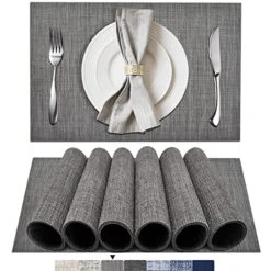 Placemats Set Of 6, Woven Vinyl Placemats, Washable & Durable Table Placemats, Indoor/Outdoor Use Table Mats, Grey