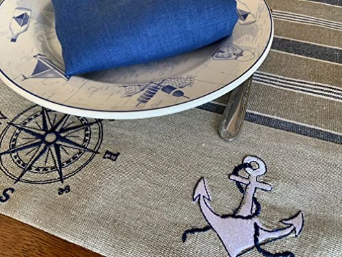 Nautical Placemats – Set Of 4 –– Cotton Decorative Embroidered Design - Natural, Navy Blue And White (Boat, Compass, Anchor) 4 Nautical Placemats – Set Of 4 –– Cotton Decorative Embroidered Design - Natural, Navy Blue And White (Boat, Compass, Anchor) - Image 4