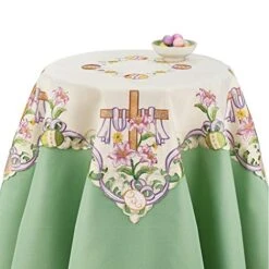 Mbroidered Easter Cross Table Topper Cloth - Tabletop Linen With Lilies, Easter Eggs, & Purple Twining Ribbon Tablecloth
