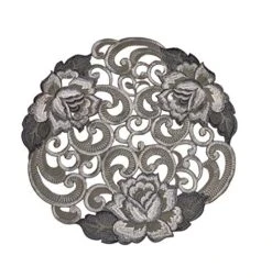 Round Doily With Cutwork Gray And Silver Roses On Fabric Size 11 Inches