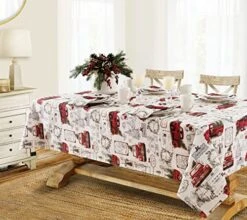 Pine Hill Christmas Tree Farm Fabric Holiday Tablecloth - Nostalgic Retro Christmas Farm Truck Print No Iron And Stain Resistant Fabric Tablecloth, 52” X 70” Oblong/Rectangle