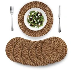 (4 Sizes: 12"-13"-14"-15") BARIEN Brown Woven Placemats Round Set Of 6, Natural Water Hyacinth Weave Placemat For Dining Table, Large Handmade Woven Placemats Heat Resistant Non-Slip (13" - Set Of 6)