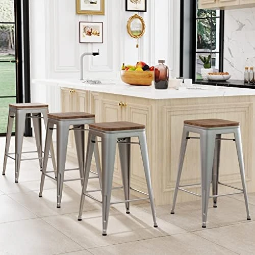 24 Inch Bar Stools Set Of 4 Counter Height Stools Stackable Bar Stool Backless Metal Barstools White Cream Counter Stools Indoor For Kitchen & Island&Dining Chairs Set Of 4 5 24 Inch Bar Stools Set Of 4 Counter Height Stools Stackable Bar Stool Backless Metal Barstools White Cream Counter Stools Indoor For Kitchen & Island&Dining Chairs Set Of 4 - Image 5
