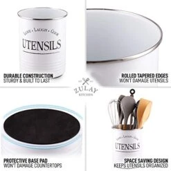 Large Utensil Crock Storage Organizer - Kitchen Utensil Holder For Countertop With Padded Base - Large Utensil Holder With Rustic Farmhouse Design For Home & Kitchen Decor (White) -Generic Furniture Shop 514GyqzFREL