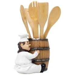 French Chef Pierre Decorative Countertop Utensil Holder Crock With Faux Wood Wine Barrel Display Stand Table Statue For Country Cottage Decor & Gourmet Kitchen Decorations As Housewarming Gifts -Generic Furniture Shop 515kcKxy06L