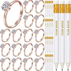MTLEE 30 Pieces Bridal Shower Artificial Diamond Rings Adjustable Wedding Engagement Rings 25 Team Bridal Pencils Pre-sharpened Pencils For Wedding Decorations Bridal Shower Party Favors (Rose Gold)