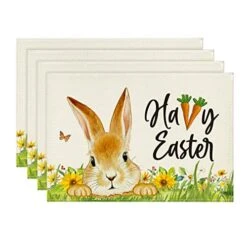 Rabbit Bunny Carrot Happy Easter Placemats Set Of 4, 12x18 Inch Spring Summer Seasonal Table Mats For Party Kitchen Dining Decoration